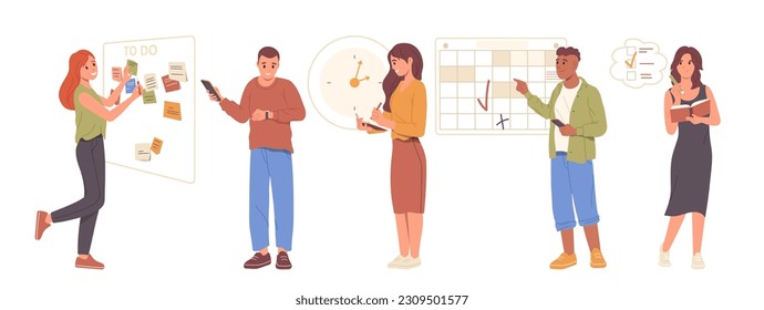 Diverse business people characters working on schedule, planning work time, organizing workflow set
