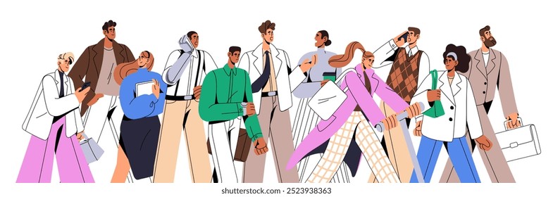 Diverse business people go together banner. Crowd, different men and women communicate during walk. Employees team, colleagues, office workers. Flat isolated illustration on white background