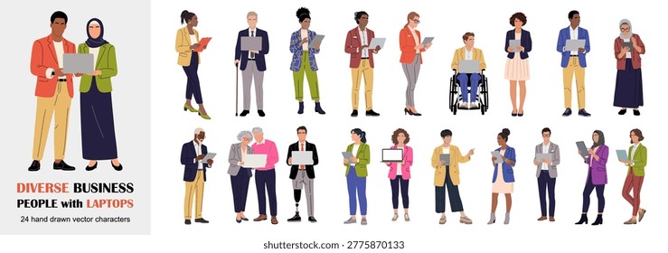 Diverse business people with laptops set. Inclusive professionals of different ages, cultures and abilities using devices. Full body modern characters for corporate, remote work and teamwork concepts.
