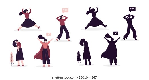 Diverse business people. Set of businesswomen in various poses with silhouettes. Successful women, employees, office workers, entrepreneur. Collection of female clerks with various activities. vector