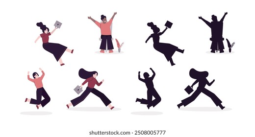 Diverse business people. Set of businesswomen in various poses with silhouettes. Successful women, employees, office workers, entrepreneur. Collection of female clerks with various activities. vector