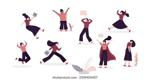 Diverse business people. Set of businesswomen in various poses. Successful women, employees, office workers, entrepreneur. Collection of multiethnic female clerks with various activities. flat vector