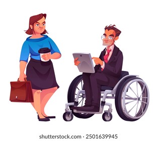 Diverse business people set isolated on white background. Vector cartoon illustration of woman with Down syndrome holding coffee cup, man in wheelchair using tablet, inclusion characters, equality