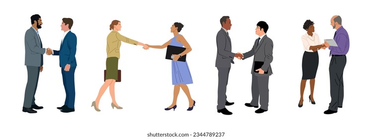 Diverse Business people shaking hands set. Agreement, trust, cooperation concept. Greeting gesture, handshake of multiracial businessmen, businesswomen. Vector illustration isolated, white background