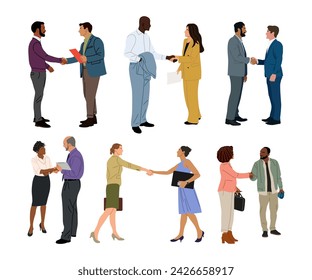 Diverse Business people shaking hands set. Agreement, trust, cooperation concept. Greeting gesture, handshake of multiracial businessmen, businesswomen. Vector illustration isolated, white background