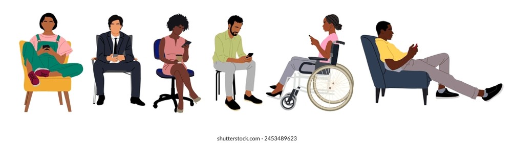 Diverse business people sitting with phone. Men, women, disabled person in wheelchair, armchair holding smartphones, texting, talking. Male, female cartoon characters Vector illustrations isolated.