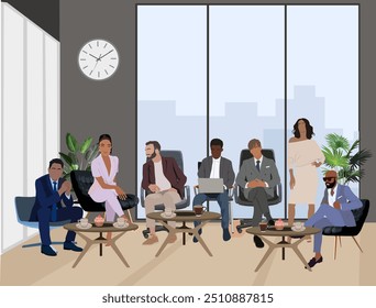 Diverse Business people sitting, standing, taking part in meeting, business event, coffee break, training in modern office with big panoramic window, furniture.  Vector colorful illustration.