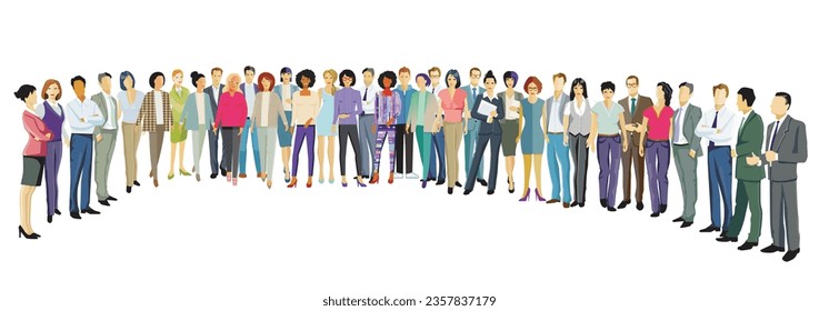 Diverse business people standing together, illustration isolated on white background