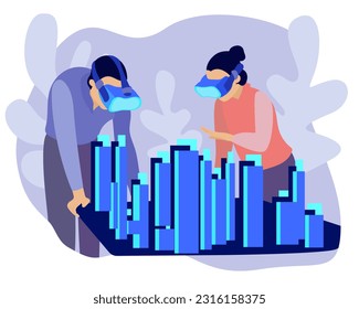 Diverse business people in virtual reality glasses modeling 3d future building. Using a digital virtual screen simulation for augmented research, entertainment or education, vector illustration