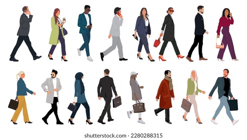 Diverse business people walking side view vector.