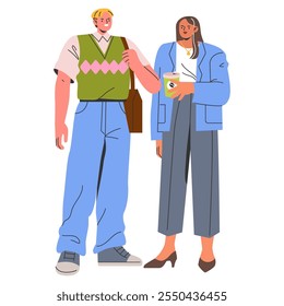 Diverse business professionals engaging in casual conversation, showcasing modern workplace attire. Contemporary work culture and fashion. Vector illustration.