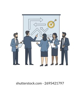 A diverse business team is actively collaborating, analyzing a strategic plan displayed on a large screen, and working towards achieving their common goals.