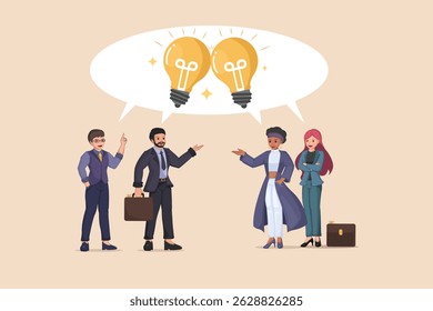 Diverse Business Team Brainstorming Innovative Ideas: Four Professionals Sharing Thoughts Represented by Light Bulbs in a Speech Bubble.