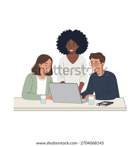 Diverse business team collaborating around a laptop on a white background
