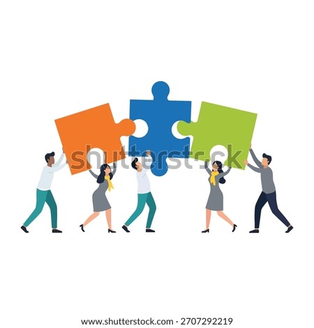 Diverse business team collaborating to connect three colorful puzzle pieces, symbolizing unity, problem-solving, strategic planning, and achieving common goals.