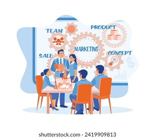 A diverse business team creates and discusses marketing plans during meetings. Marketing icons are written on the board. Marketing concept. Flat vector illustration.