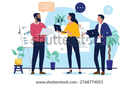 Diverse business team having a productive discussion with laptops and speech bubbles, professional colleagues collaborating on data analysis in office, flat design vector illustration