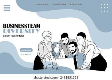 Diverse business team landing page. Website template of human recourses, employment. Teamwork business concept. Flat graphic vector illustration.