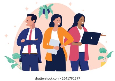 Diverse business team with man and two women, confidently posing and looking forward, representing a successful and collaborative professional workforce. Flat design vector illustration