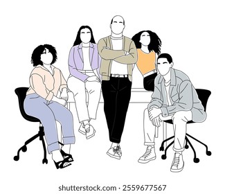 Diverse business team members sitting and standing in office. Businessmen and businesswomen in smart casual clothes. Hand drawn outline vector illustration isolated on white background