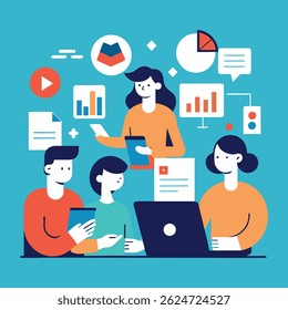 Diverse Business team members in work flow. International group of men, women working together on laptop. Sketch style hand drawn vector illustration isolated