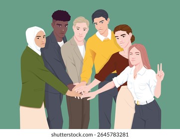 Diverse business team. Multiracial community hands reaching together for support and unity. People society bonding in solidarity and cooperation. Happy office workers. Flat vector illustration