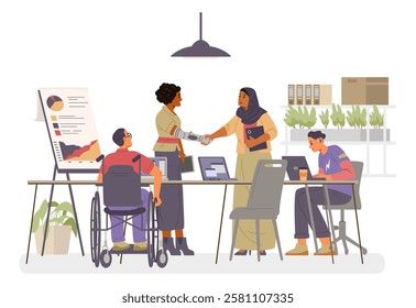 Diverse business team on a meeting flat vector illustration isolated on white. People of different age, ethnicity, gender, with disabilities working together. Inclusive workplace concept.