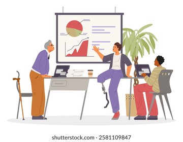 Diverse business team on a meeting flat vector illustration isolated on white. Man with leg prosthesis making business presentation. Inclusive workplace concept.