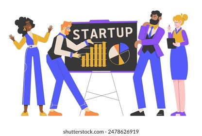 A diverse business team presenting a startup project with charts and graphs on a board. The team consists of professionals collaborating and discussing strategies for business growth and innovation.