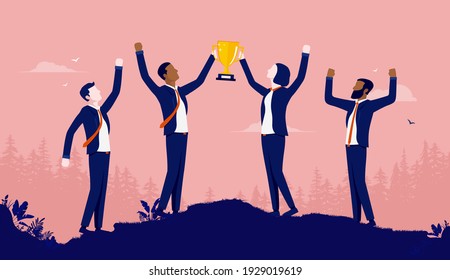 Diverse Business Team Winning Award - Group Of Businesspeople Standing Outdoors With Arms Raised Winning Trophy And Celebrating. Teamwork Winners Concept. Vector Illustration.