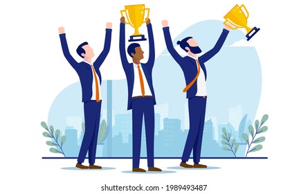 Diverse business team winning award - Group of businessmen standing with arms raised winning trophy and celebrating. Teamwork winners concept. Vector illustration with white background.