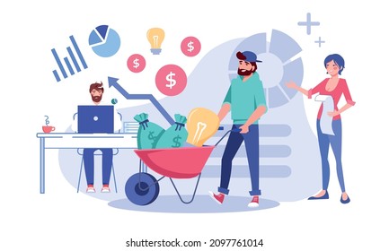 Diverse business team working making money or financial investment flat vector illustration. Young freelancer, office clerk, executive manager counting income growth capital assets raising up