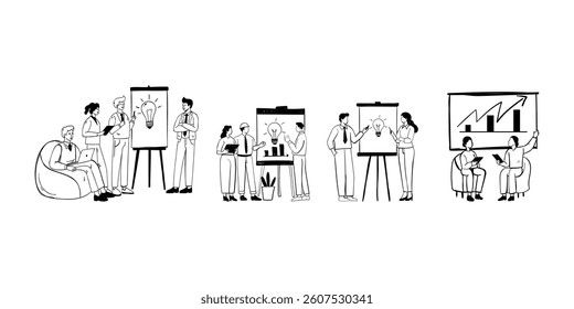Diverse business teams in brainstorming sessions, presenting ideas and strategies.