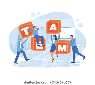 Diverse business teams work together in the office. Arrange the word blocks to form the word TEAM. Employee Making concept. trend flat vector modern illustration 