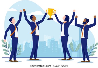 Diverse business teamwork winners - Group of businesspeople standing with arms raised winning trophy and celebrating. Success concept. Vector illustration with white background.