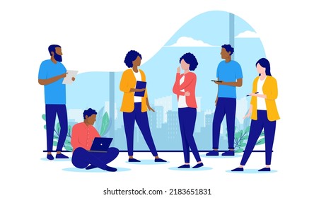 Diverse business vector characters - People of different ethnicity working and standing around. Flat design illustration