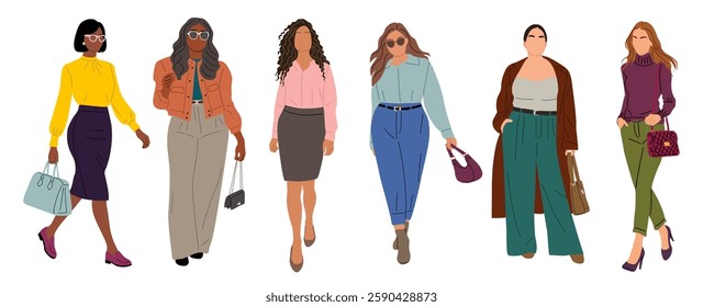 Diverse Business women walking down a street, wearing modern fashionable office outfit. They are carrying handbags and wearing different types of shoes. Flat vector illustration isolated