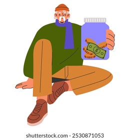 Concepto de hombre de negocios diverso. Un hombre barbudo con atuendo informal sosteniendo un frasco de dinero, transmitiendo temas de ahorro y planificación financiera. Ilustración vectorial.