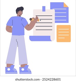 Diverse businessman concept. A man in casual work attire writing on a clipboard showcasing organization and planning. Vector illustration.