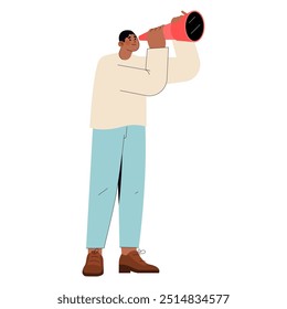 Diverse businessman concept. A professional man looks ahead through a telescope, searching for opportunities. Strategic vision in business. Vector illustration.