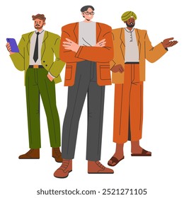 Diverse Businessmen concept. Three stylish professional men showcasing multicultural corporate world. Inclusivity in modern business attire. Vector illustration.