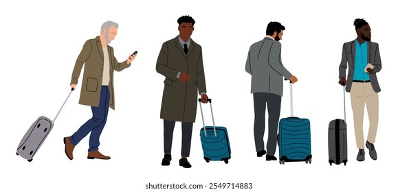 Diverse businessmen in formal suit, coat standing with suitcase, phones, luggage, waiting for departure. Business travel concept. Flat colorful vector illustration isolated on white background.