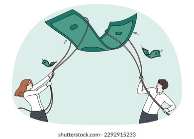 Diverse businesspeople catch dollar banknote with rope strive for business success together. Employees or workers involved in teamwork for money achievement. Finance success. Vector illustration.