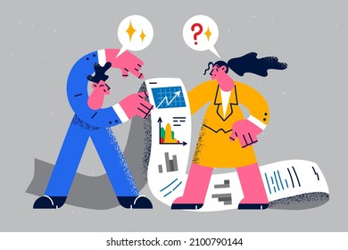 Diverse businesspeople consider graph and chart on paperwork statistics. Employees or colleagues brainstorm over company paper stats. Teamwork and analysis. Vector illustration.