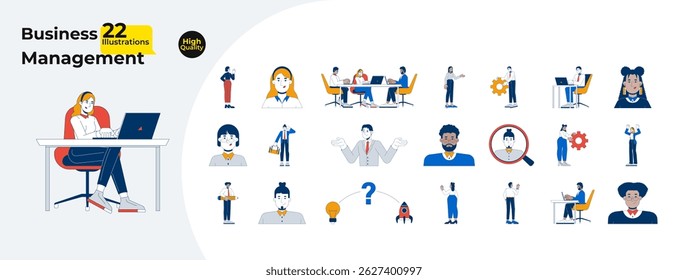 Empregados de empresários diversificados desenhos animados plano ilustrações mega pacote. Vida corporativa. Mulheres de negócios, homens. Funcionários de escritório lidam com imagens 2D isoladas em branco. Desenhos vetoriais de coleção coloridos