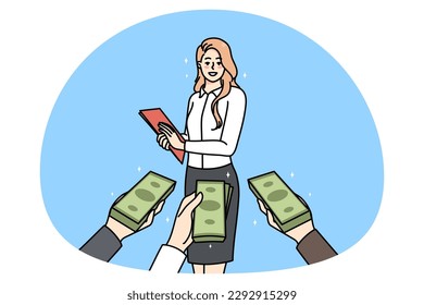 Diverse businesspeople with money in hands offer funding to successful businesswoman. Female employee receive finances from investors or bankers. Economy and budget. Vector illustration.