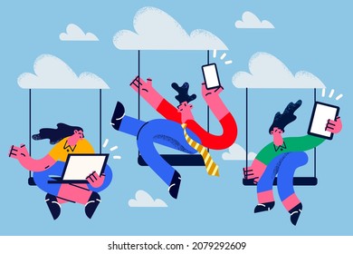 Diverse businesspeople on swing with gadgets work distant on cloud computing for company. Employees or colleagues engaged in remote online job on devices. Technology concept. Vector illustration. 