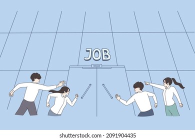 Diverse businesspeople run to office building compete for job opening or position in company. Motivated applicants or candidates competition for interview. Employment concept. Vector illustration.  - Shutterstock ID 2091904435