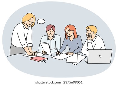 Diverse businesspeople sit at desk in office discuss paperwork at meeting together. Employees brainstorm engaged in teamwork at workplace. Vector illustration.