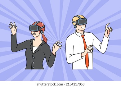 Diverse businesspeople in VR glasses explore new reality surroundings. Man and woman employees in virtual reality headsets use modern technologies at work. Flat vector illustration. 